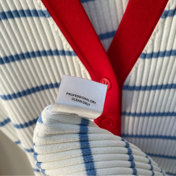 STAUD Shoko Ribbed Knit Midi Dress White Light Blue Stripes Red Trim Size M - Picture 13 of 13